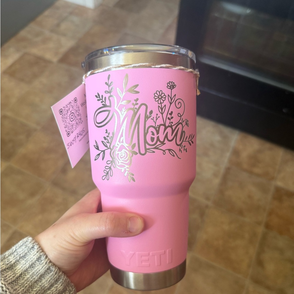 Pink YETI Tumbler with Floral 'Mom' Design